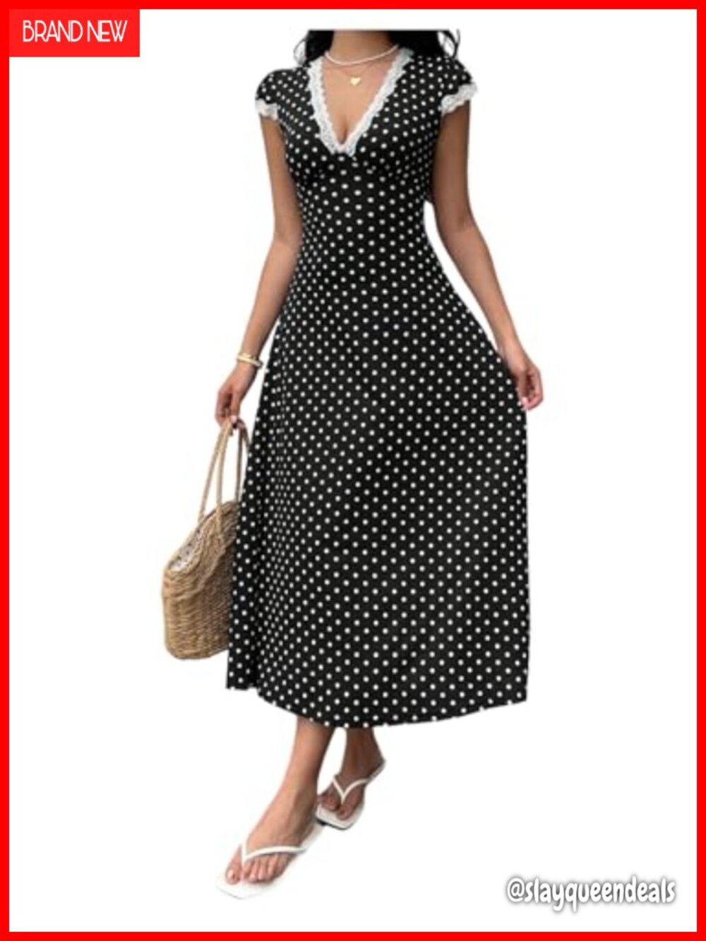 V-Neck Polka Dot A-Line Short Sleeve Maxi Dress with Lace Trim